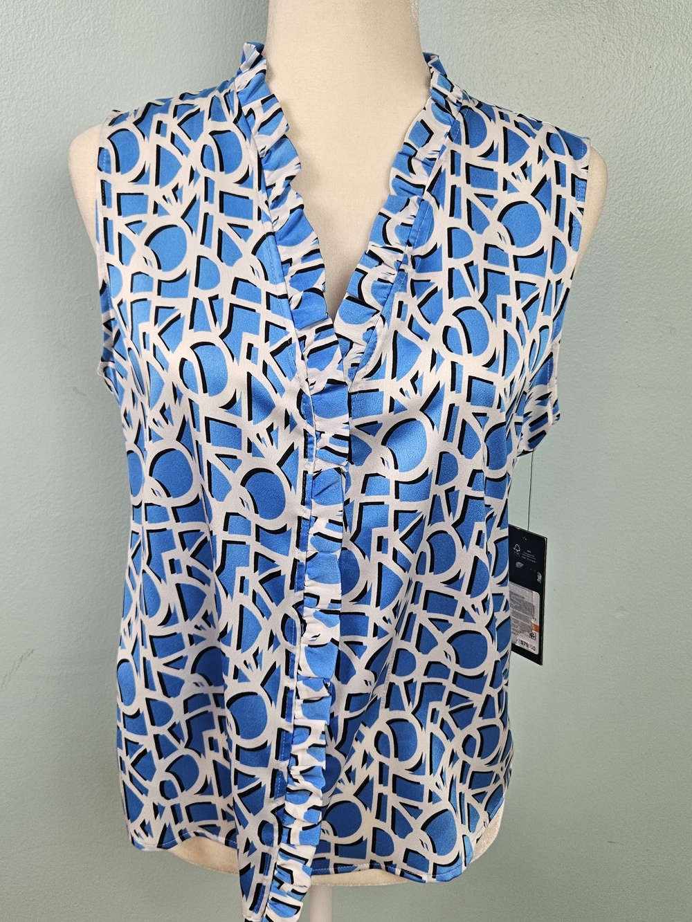 NWT Karl Lagerfeld Blue and White Geometric Ruffle V-Neck Camisole